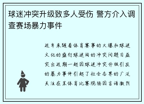 球迷冲突升级致多人受伤 警方介入调查赛场暴力事件