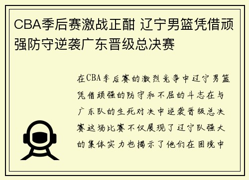CBA季后赛激战正酣 辽宁男篮凭借顽强防守逆袭广东晋级总决赛