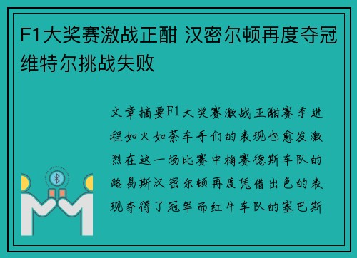 F1大奖赛激战正酣 汉密尔顿再度夺冠维特尔挑战失败