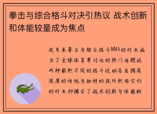 拳击与综合格斗对决引热议 战术创新和体能较量成为焦点
